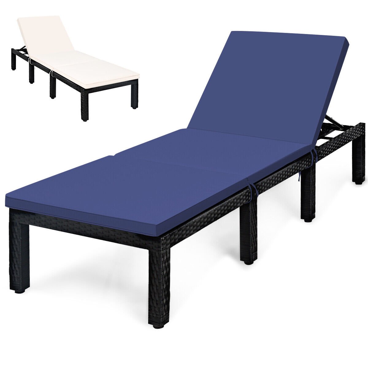 Patio Rattan Height Adjustable Lounge Chair with 2 Set of Cushion Cover-Black & Turquoise