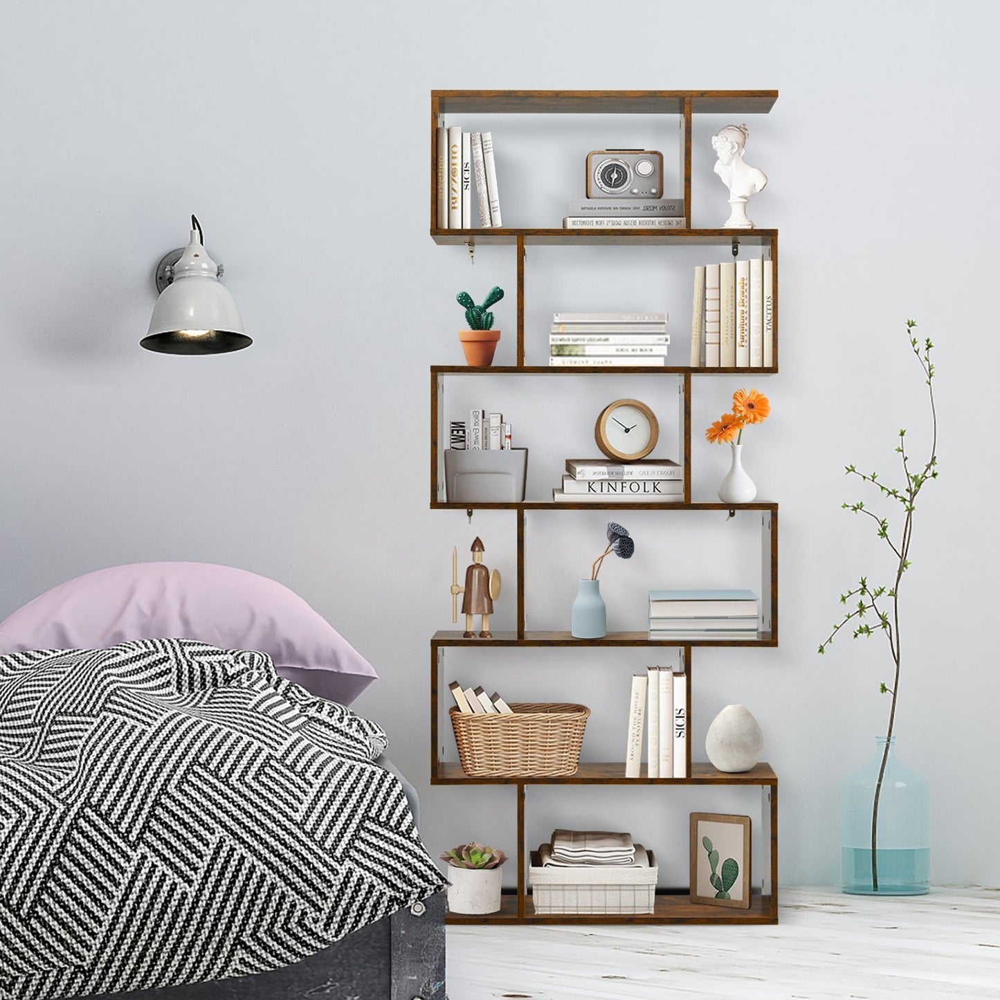 6 Tier S-Shaped Bookshelf Storage Display Bookcase Decor Z-Shelf-Black