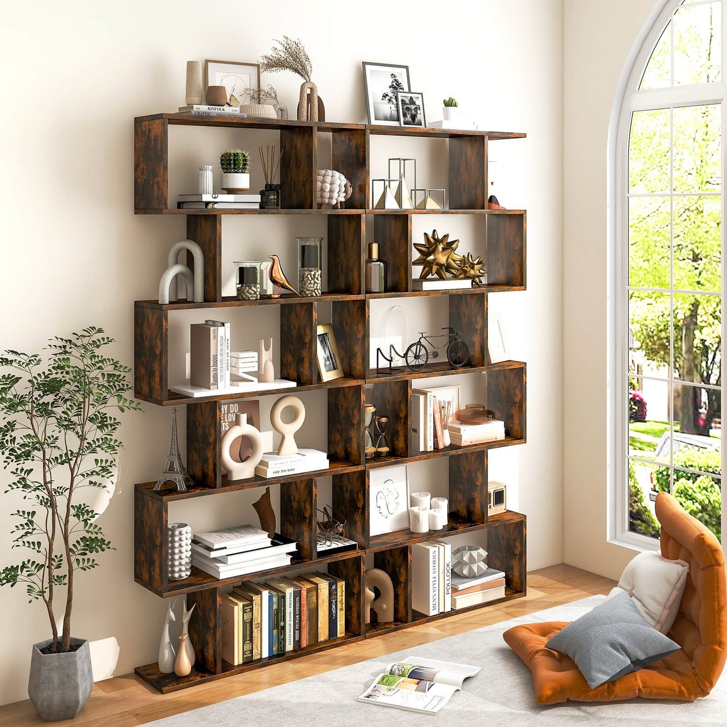 6 Tier S-Shaped Bookshelf Storage Display Bookcase Decor Z-Shelf-Black