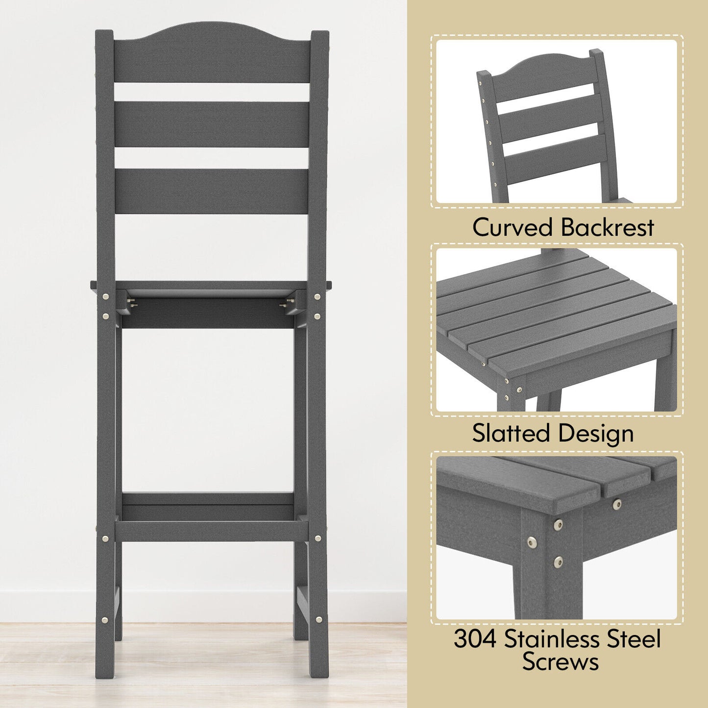 30 Inches Counter Height HDPE Bar Stool with Backrest and Footrest-Gray