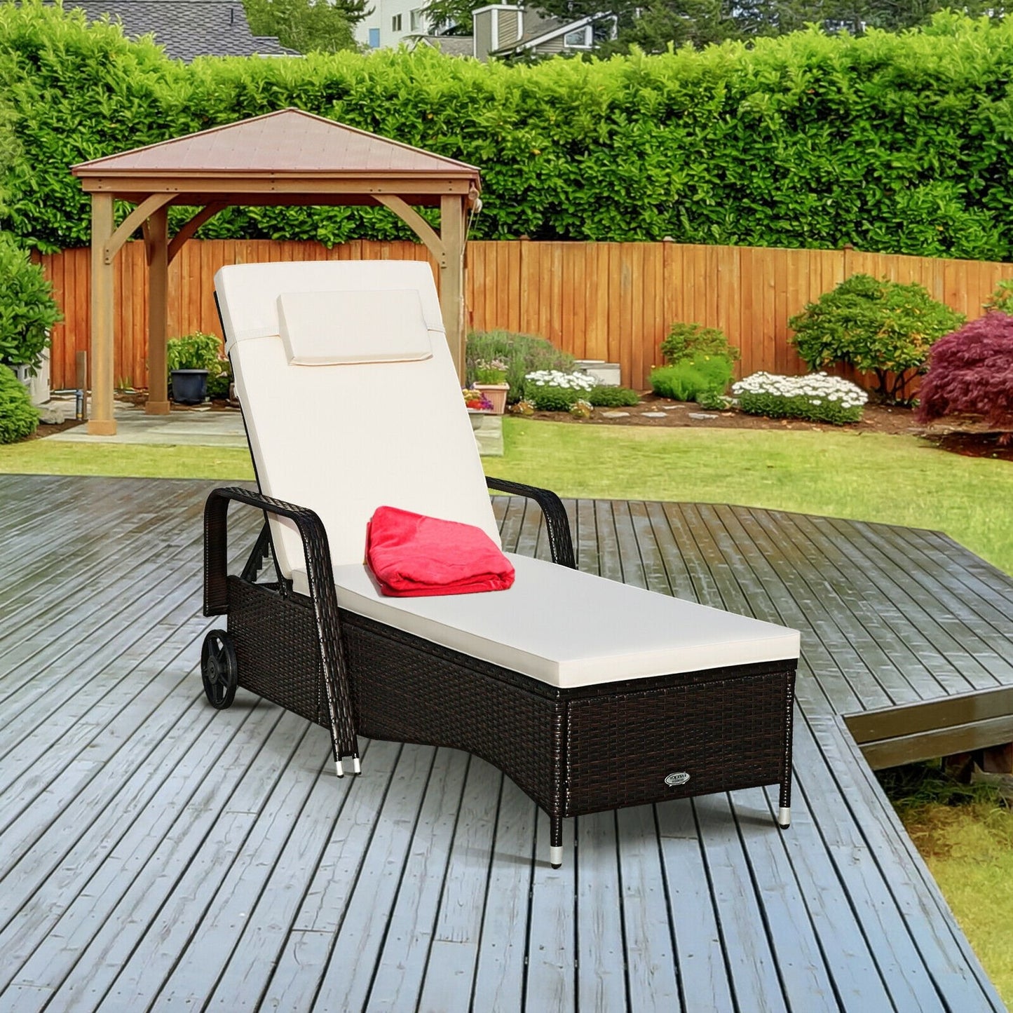 Outdoor Recliner Cushioned Chaise Lounge with Adjustable Backrest-Red & White