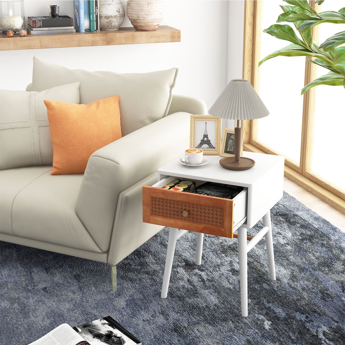 1-Drawer Modern Bedside Table with Solid Wood Legs-Black