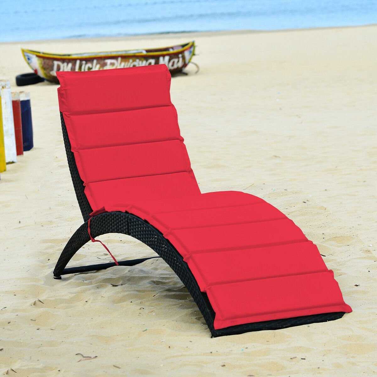 Folding Patio Rattan Portable Lounge Chair Chaise with Cushion-Beige