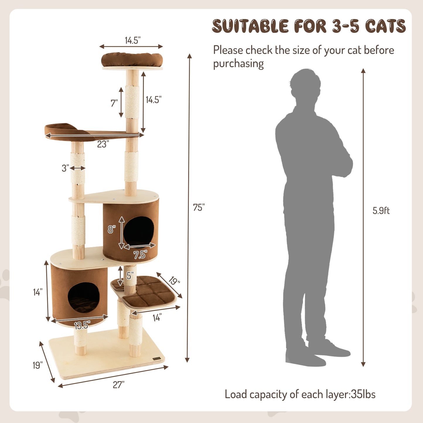 6-Tier Wooden Cat Tree with 2 Removeable Condos Platforms and Perch-Brown
