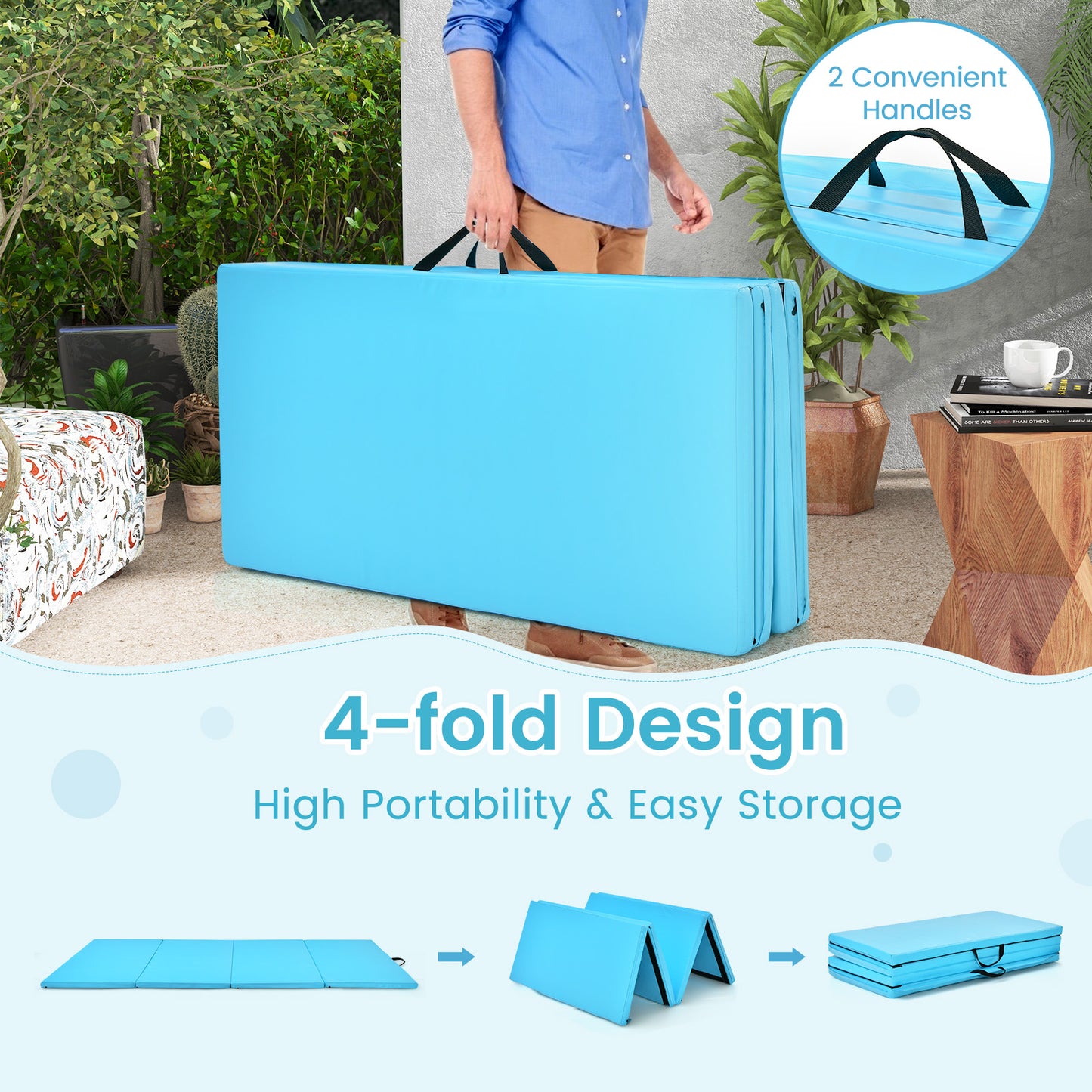 4-Panel Folding Gymnastics Mat with Carrying Handles for Home Gym-Blue