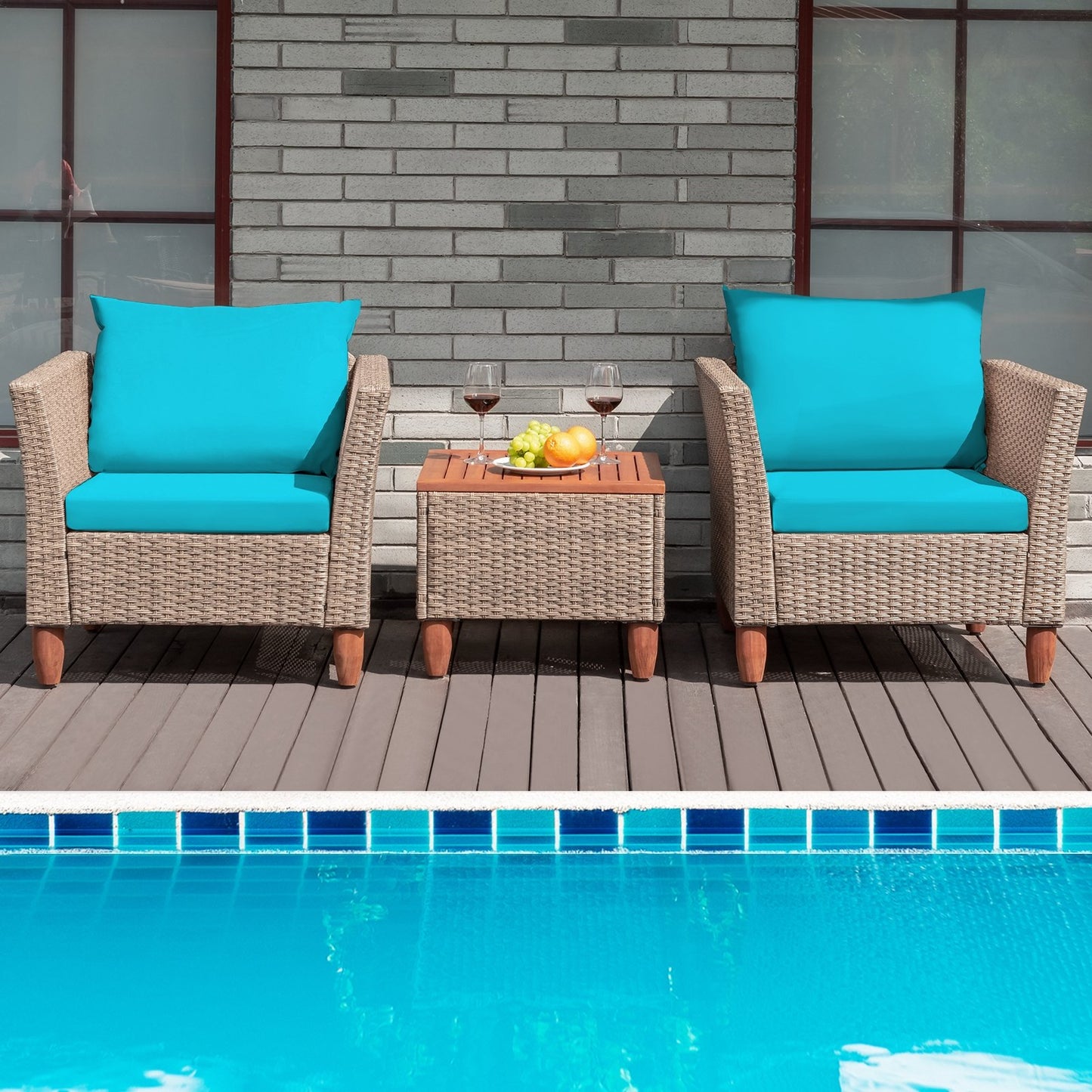 3 Pieces Patio Rattan Furniture Set with Washable Cushion for Yard Porch-Beige