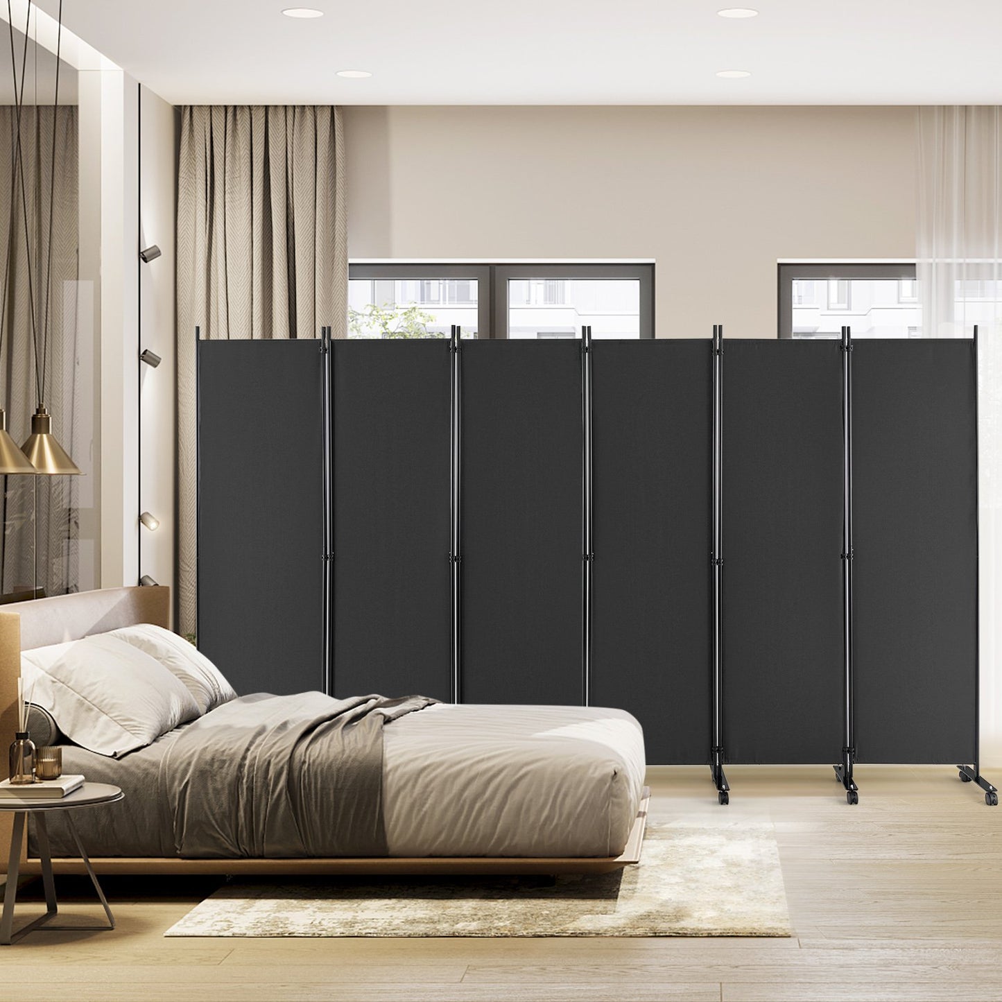 6 Panel 5.7 Feet Tall Rolling Room Divider on Wheels-Black