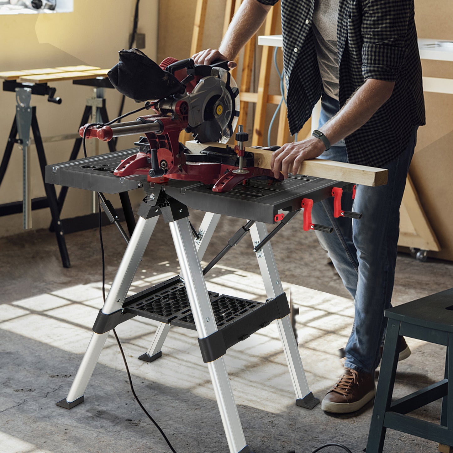 Portable Folding Workbench with Adjustable Height for Garage Home-Black & Red