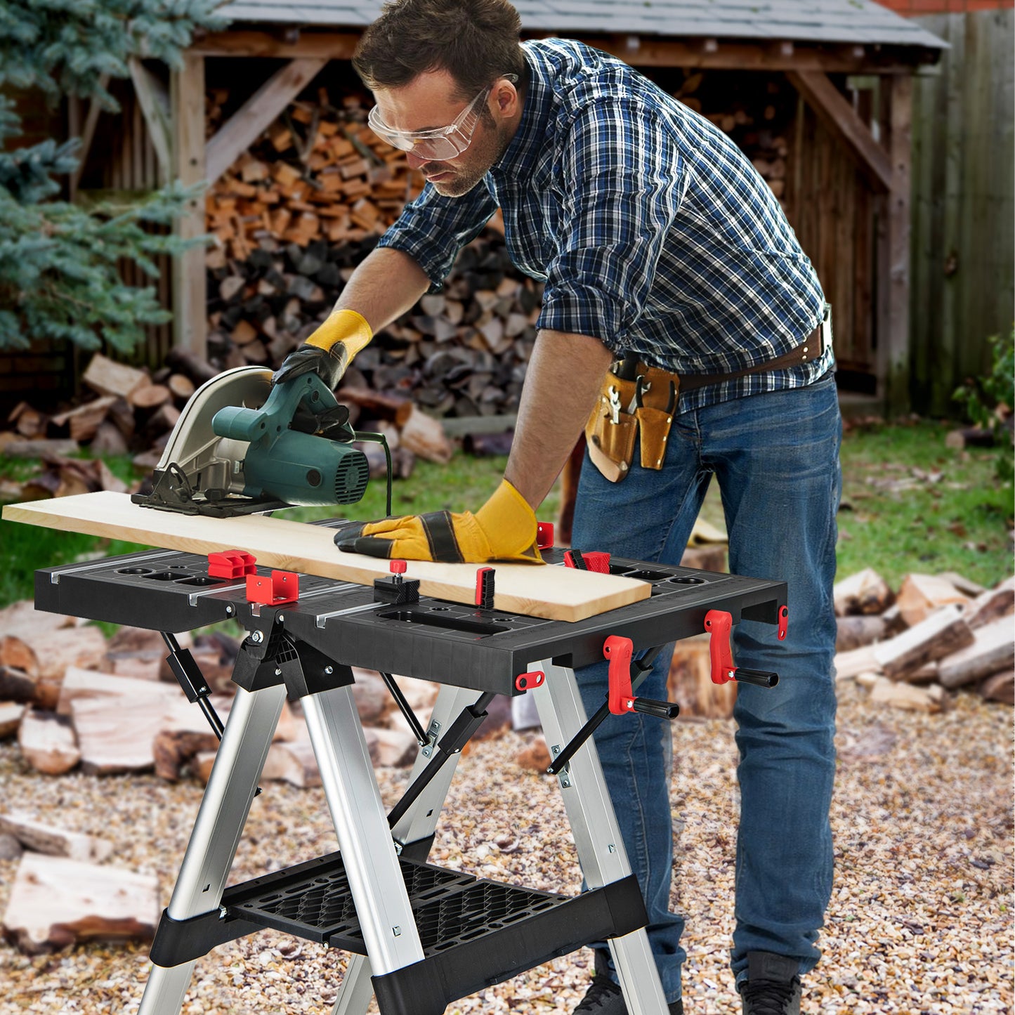 Portable Folding Workbench with Adjustable Height for Garage Home-Black & Red