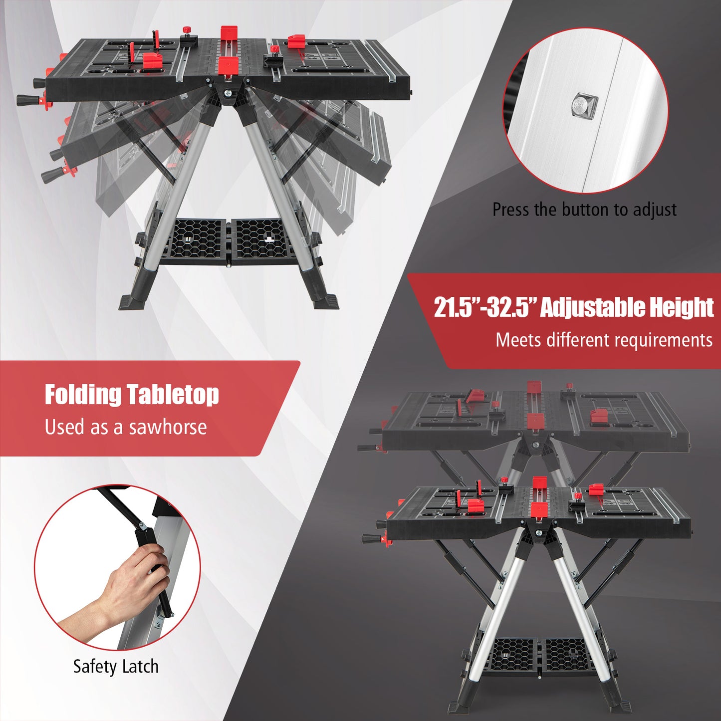 Portable Folding Workbench with Adjustable Height for Garage Home-Black & Red