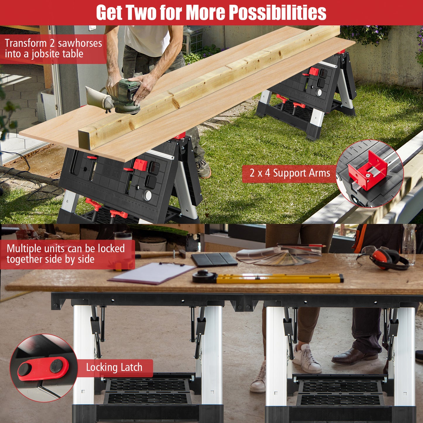 Portable Folding Workbench with Adjustable Height for Garage Home-Black & Red