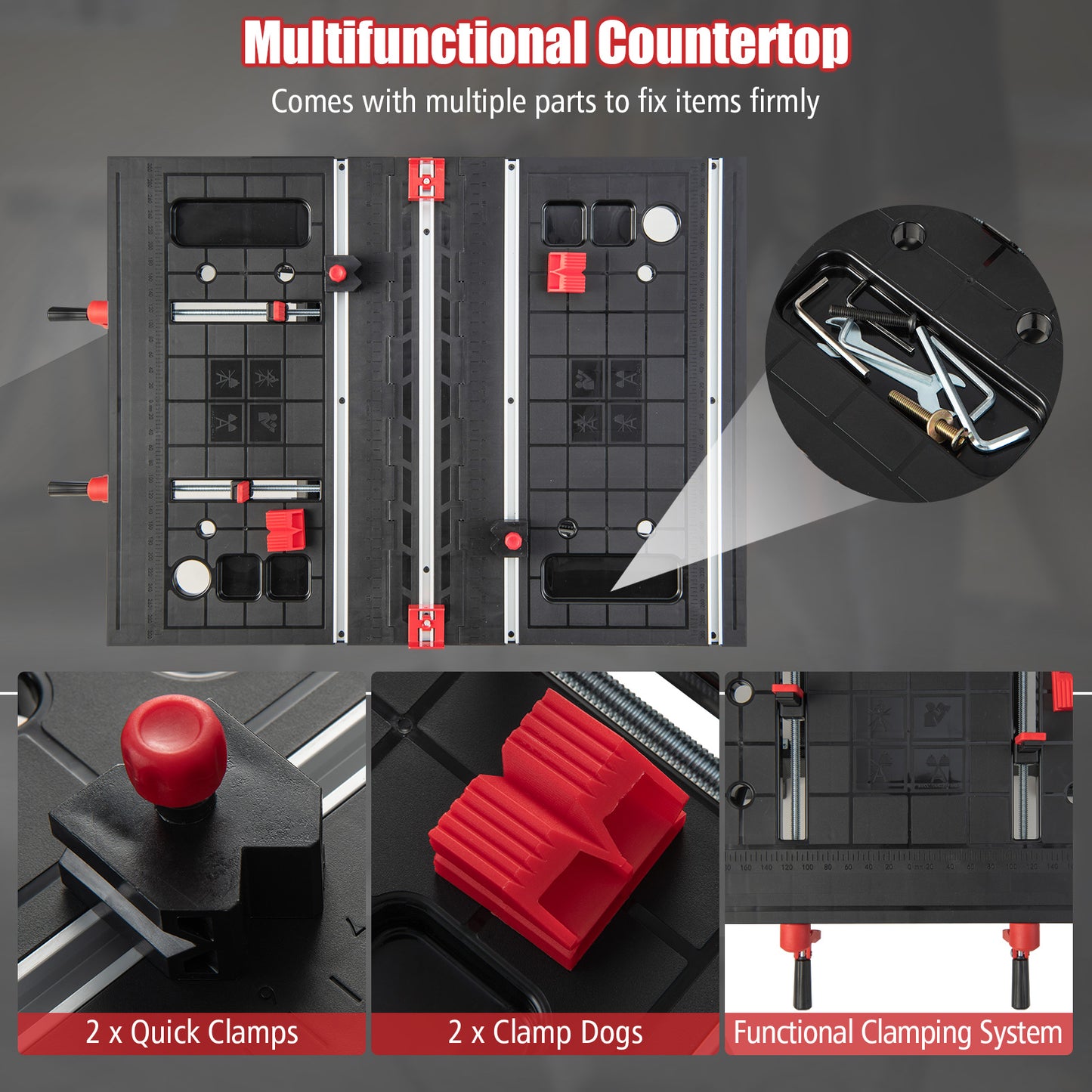 Portable Folding Workbench with Adjustable Height for Garage Home-Black & Red