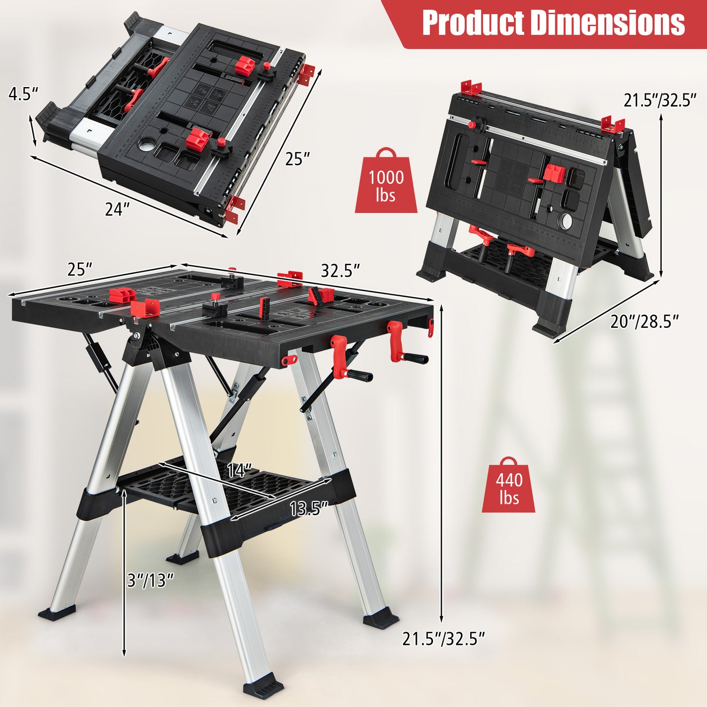 Portable Folding Workbench with Adjustable Height for Garage Home-Black & Red