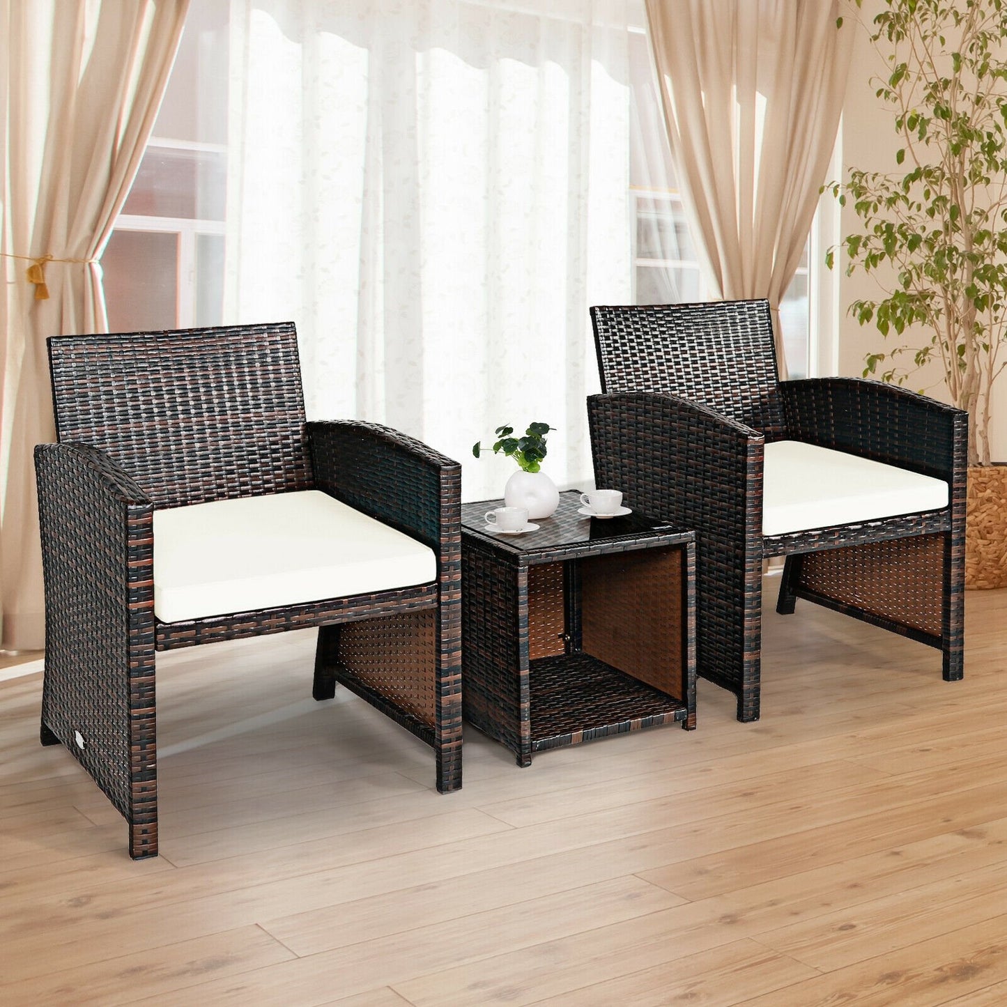 3 Pieces PE Rattan Wicker Furniture Set with Cushion Sofa Coffee Table for Garden-Gray