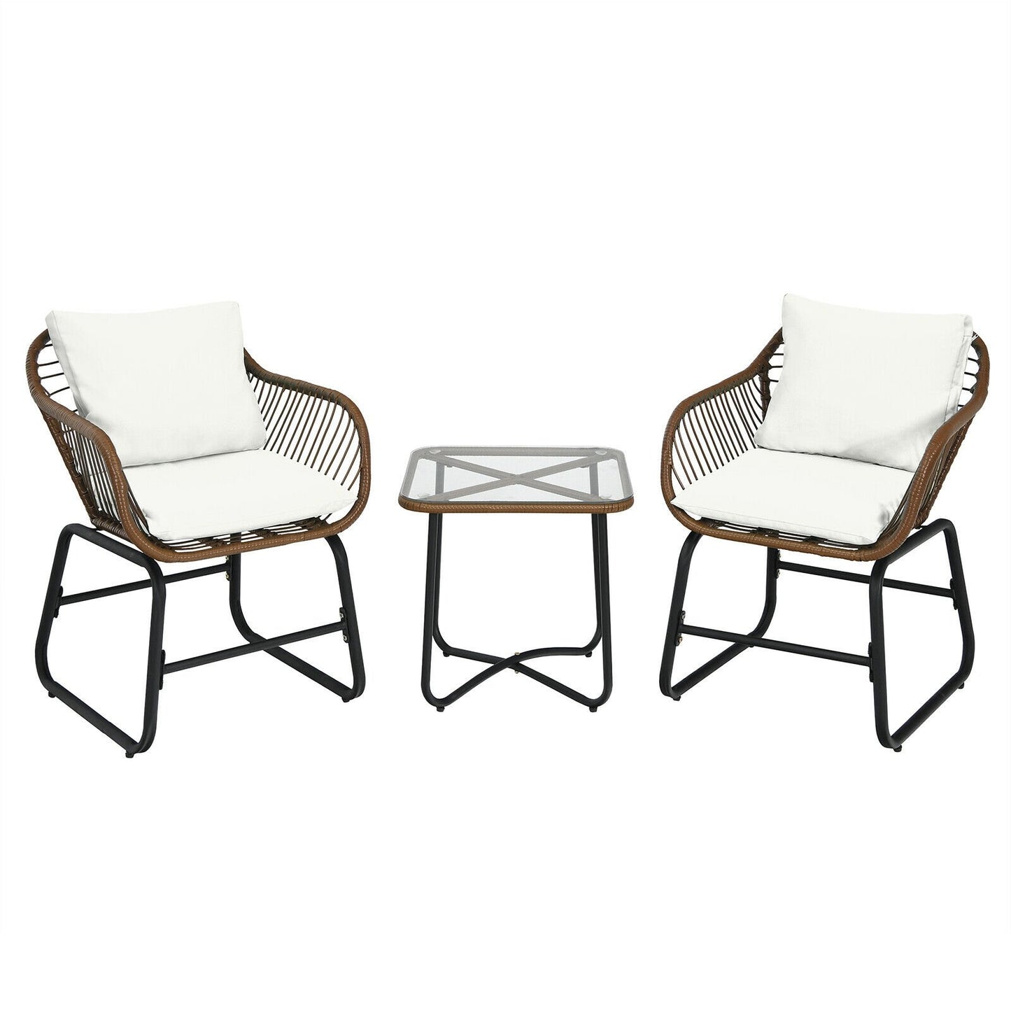 3 Pieces Patio Rattan Bistro Set with Cushions and Glass Table-Red