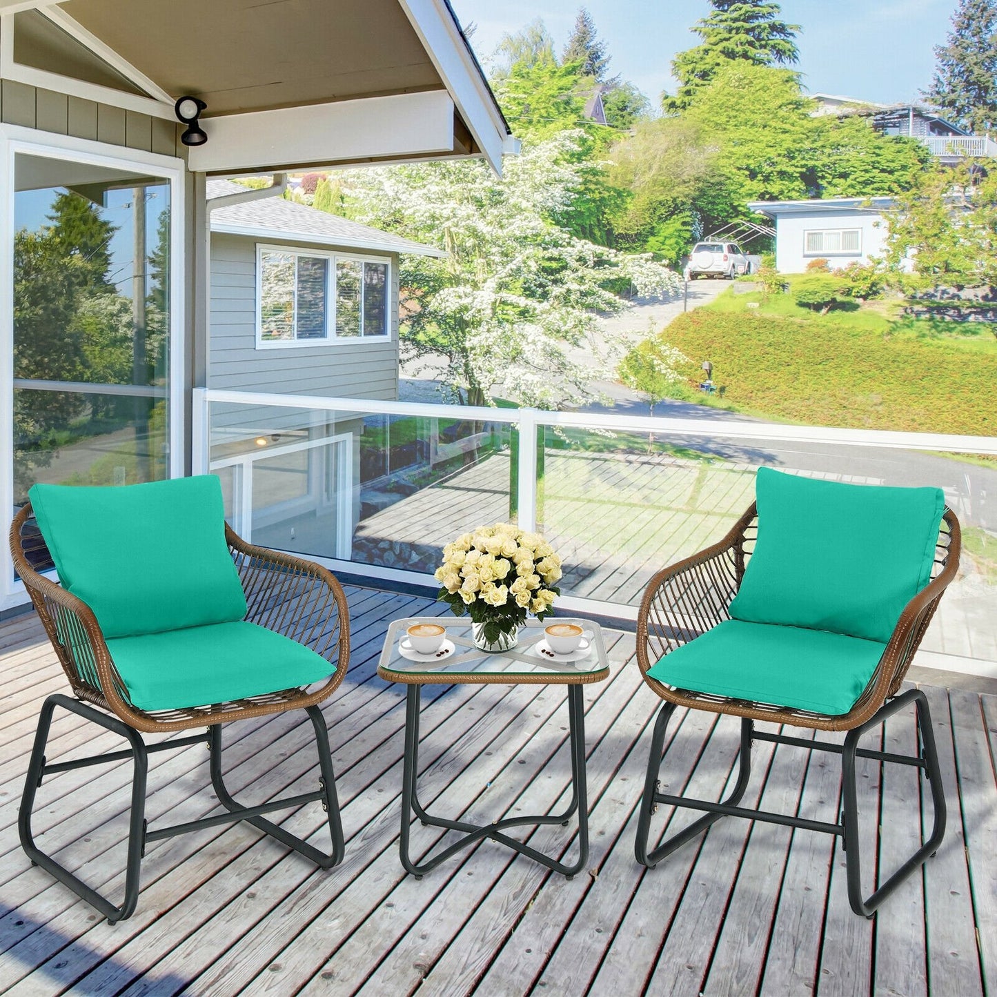 3 Pieces Patio Rattan Bistro Set with Cushions and Glass Table-Red