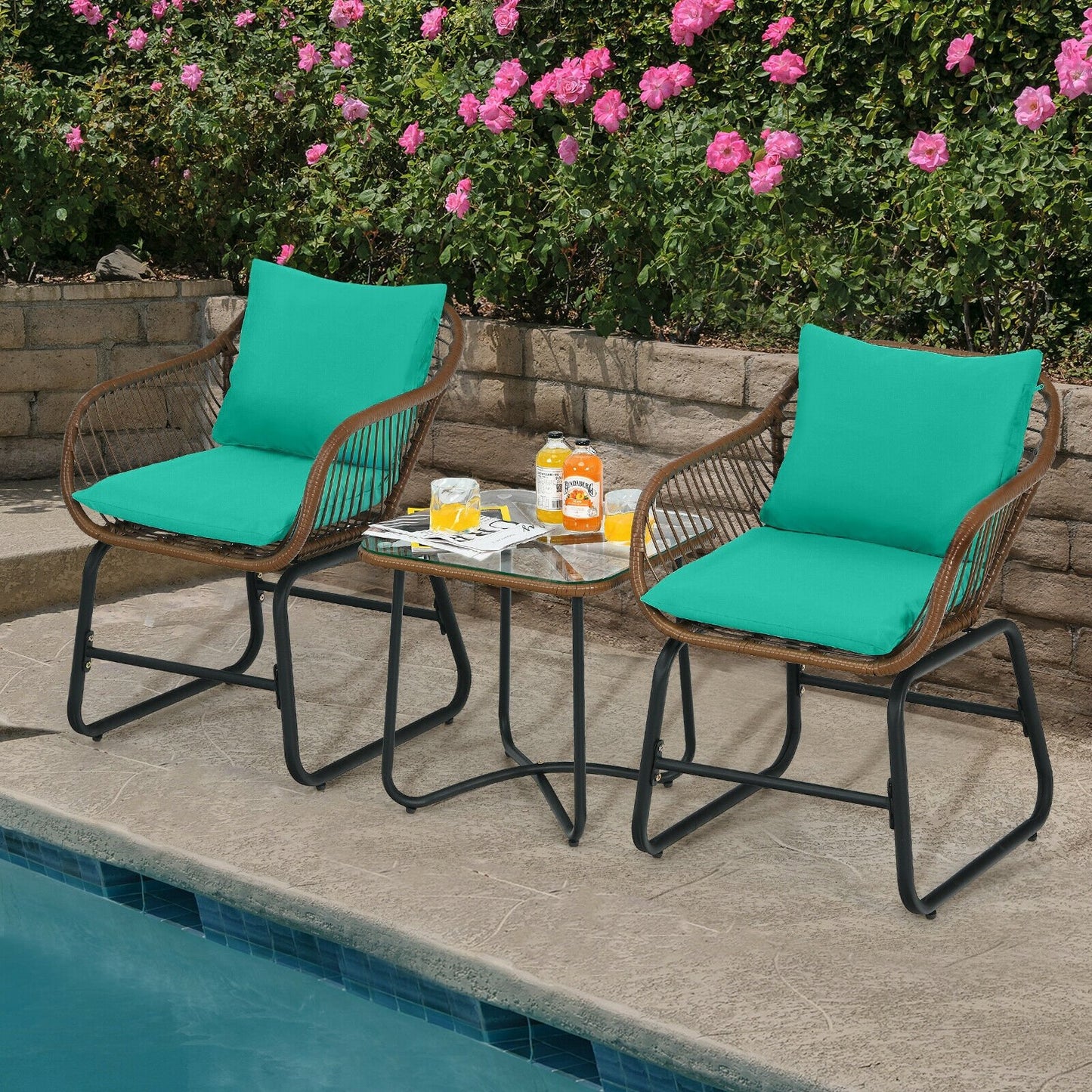 3 Pieces Patio Rattan Bistro Set with Cushions and Glass Table-Red