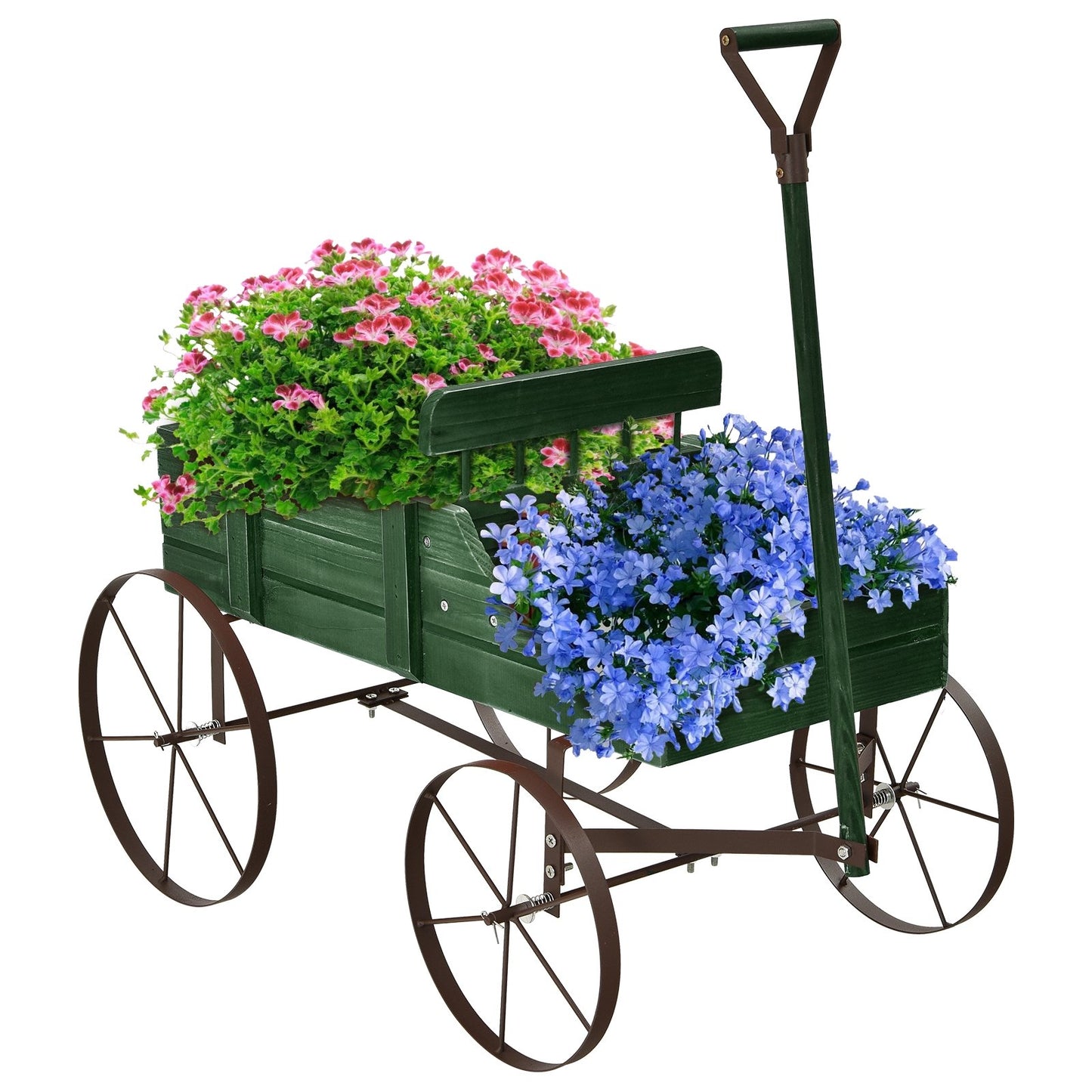 Wooden Wagon Plant Bed with Metal Wheels for Garden Yard Patio-Blue