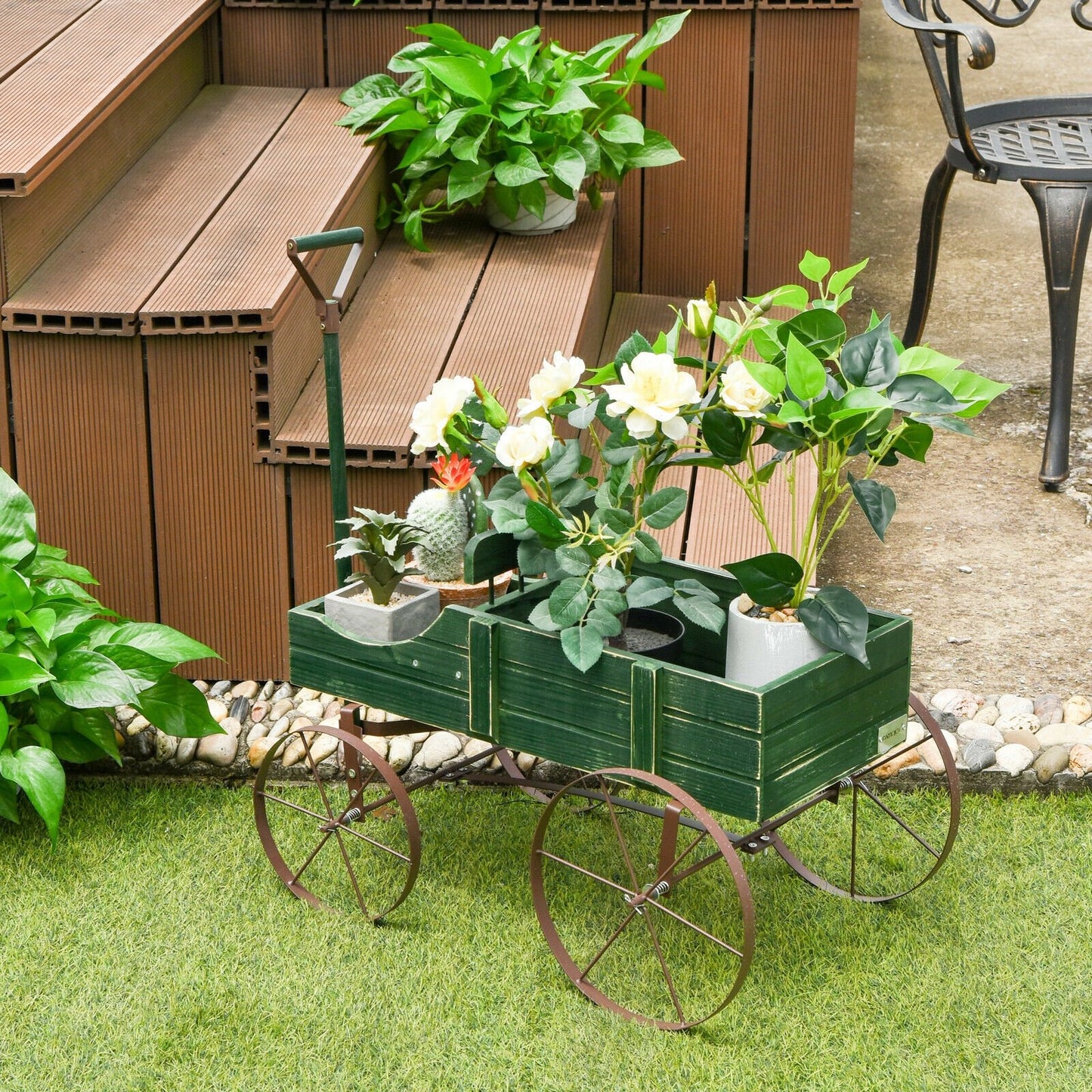 Wooden Wagon Plant Bed with Metal Wheels for Garden Yard Patio-Blue