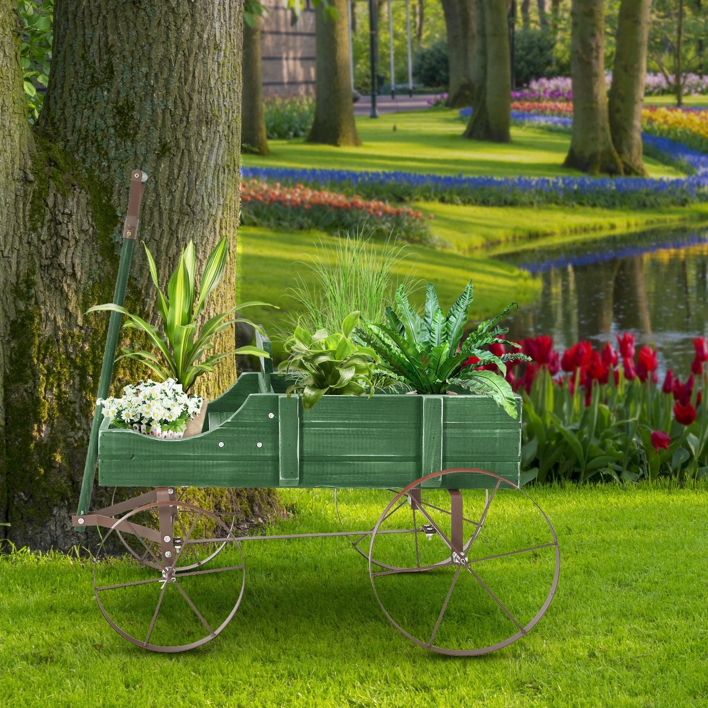 Wooden Wagon Plant Bed with Metal Wheels for Garden Yard Patio-Blue