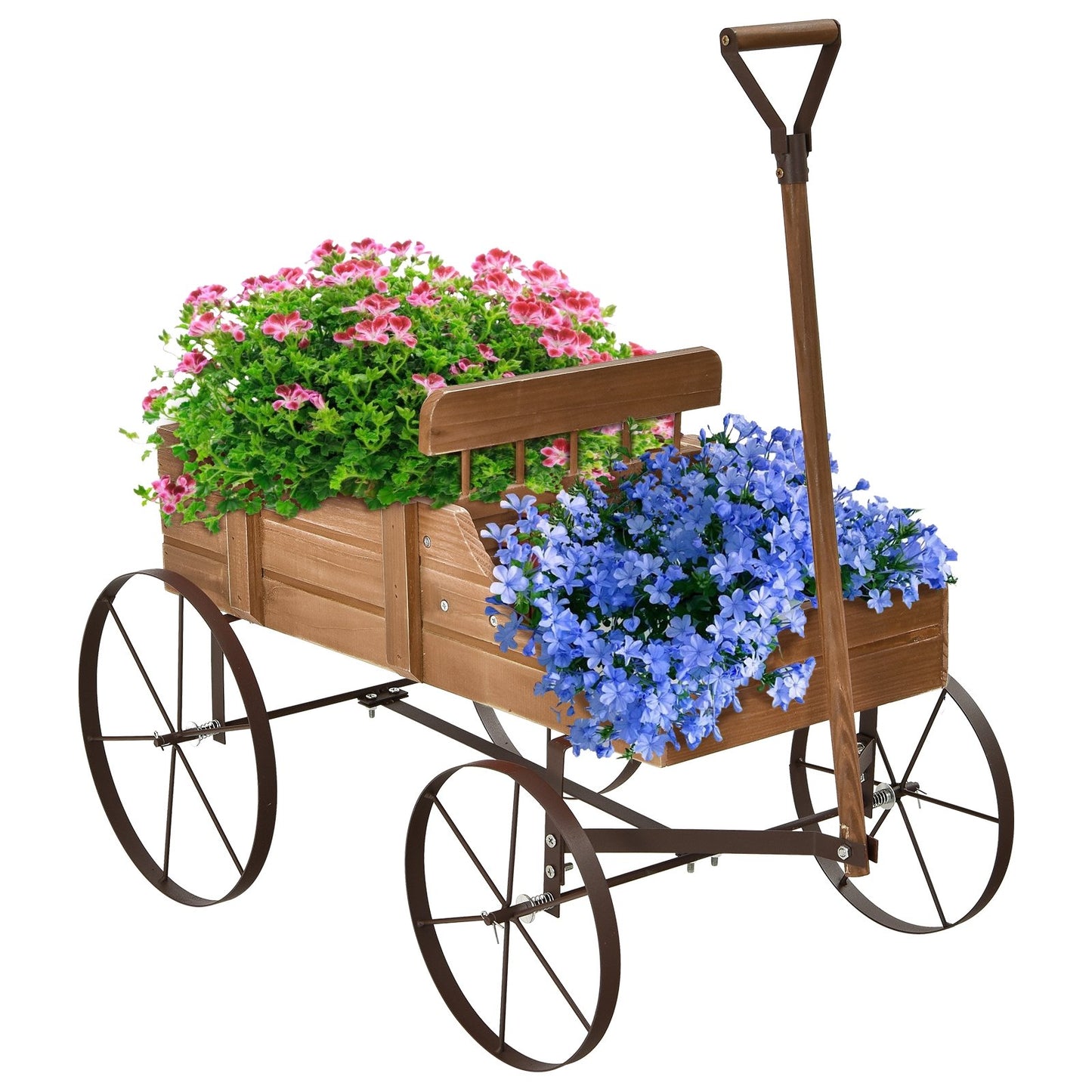 Wooden Wagon Plant Bed with Metal Wheels for Garden Yard Patio-Blue