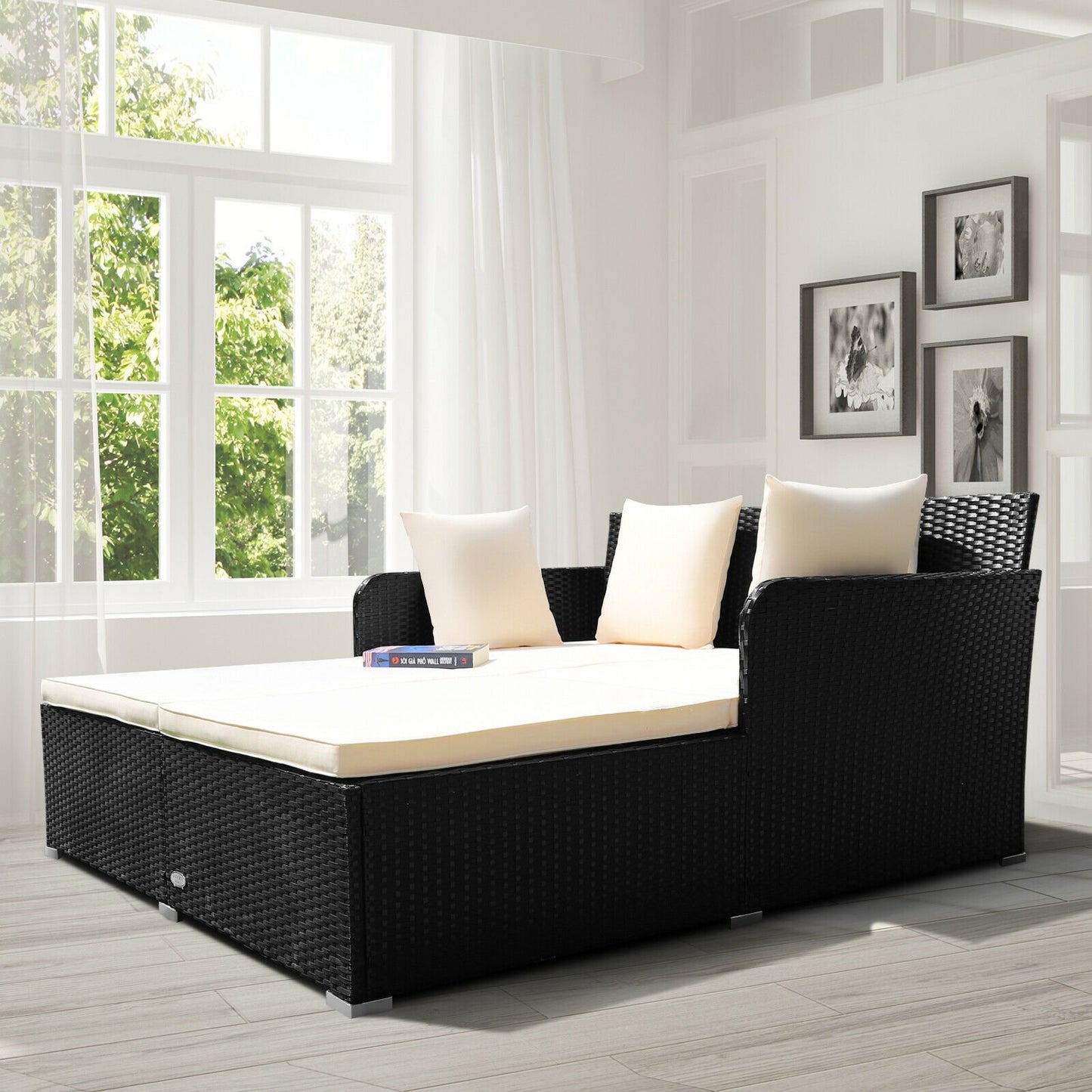 Spacious Outdoor Rattan Daybed with Upholstered Cushions and Pillows-Black