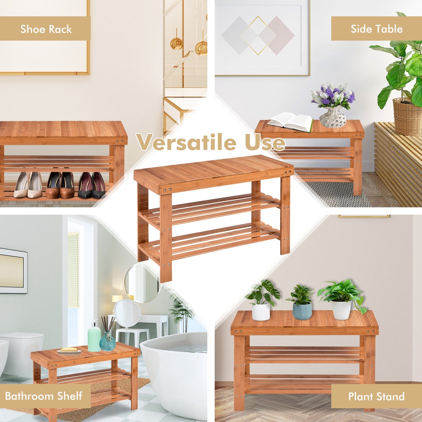 3 Tier Bamboo Bench Storage Shoe Shelf-Natural