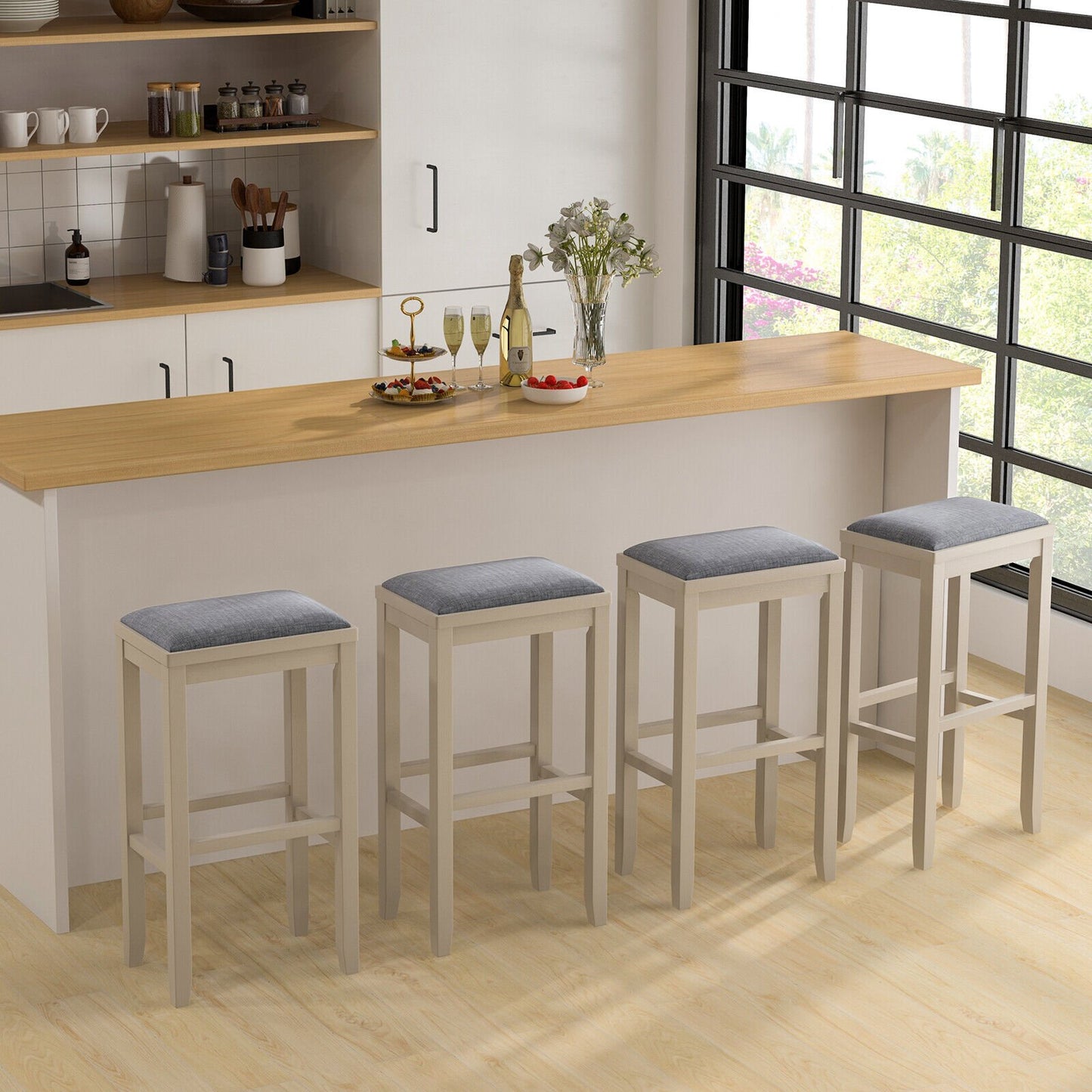 2 Pieces 31 Inch Upholstered Bar Stool Set with Solid Rubber Wood Frame and Footres-Brown