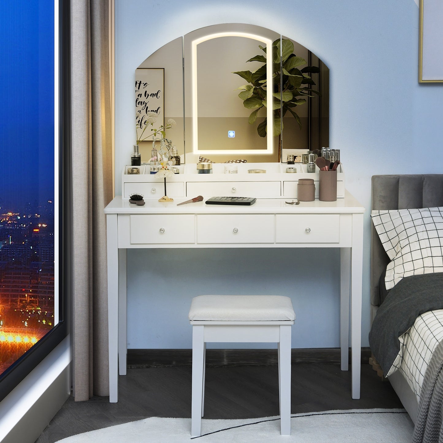 Vanity Table Stool Set with Large Tri-folding Lighted Mirror-Black