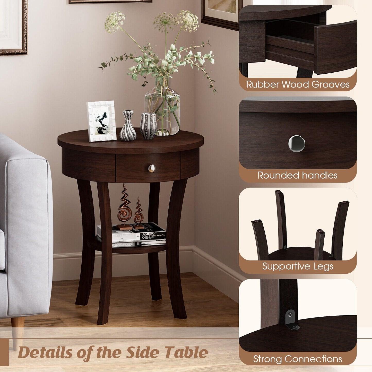 2-Tier Wood Round End Table with Open Drawer-Black