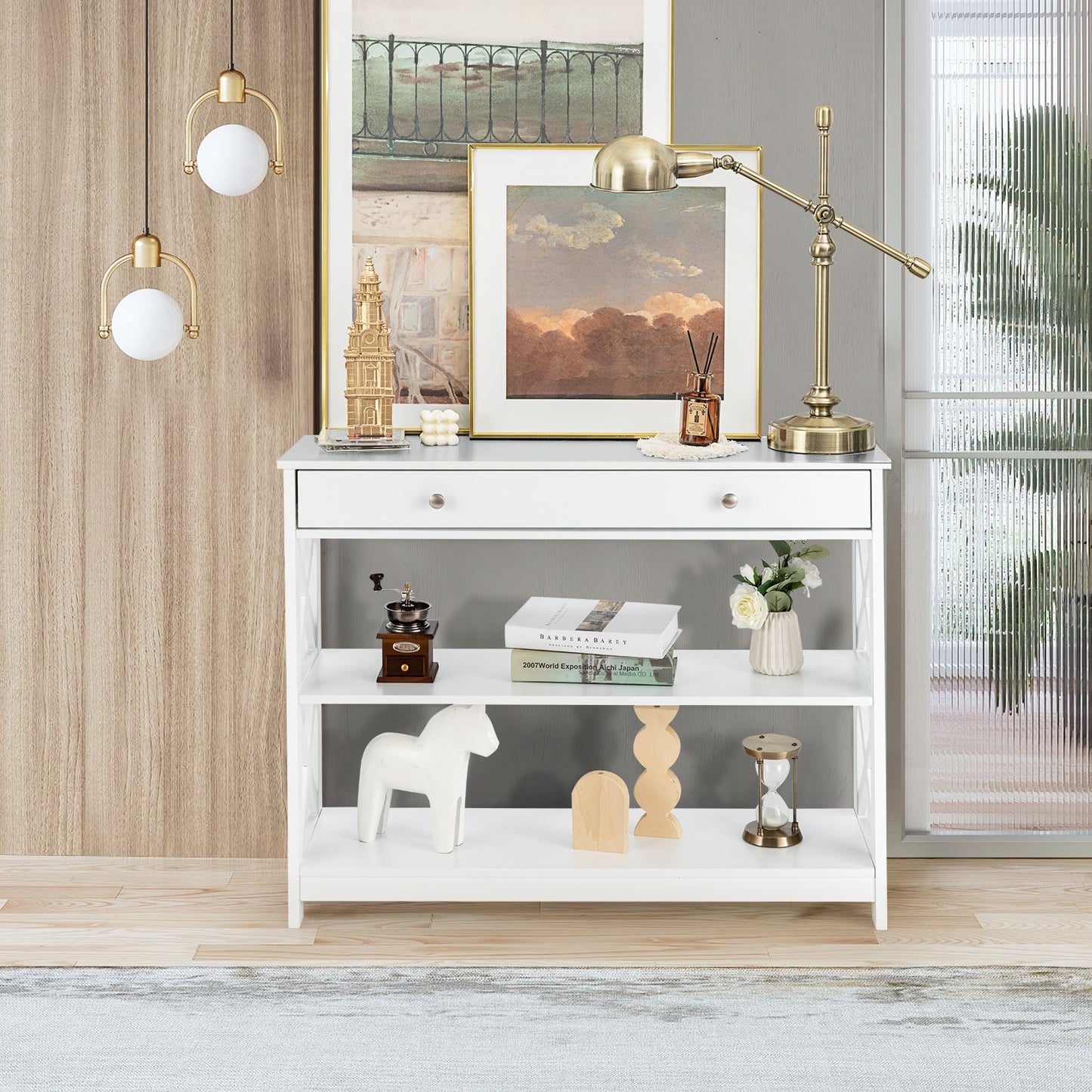 Console Table 3-Tier with Drawer and Storage Shelves-Black
