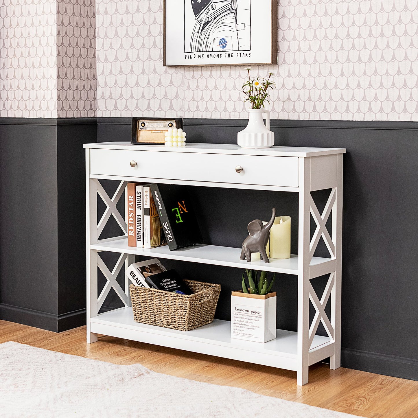Console Table 3-Tier with Drawer and Storage Shelves-Black
