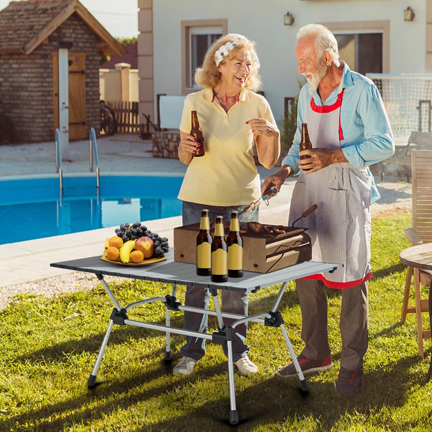 Folding Heavy-Duty Aluminum Camping Table with Carrying Bag-Black