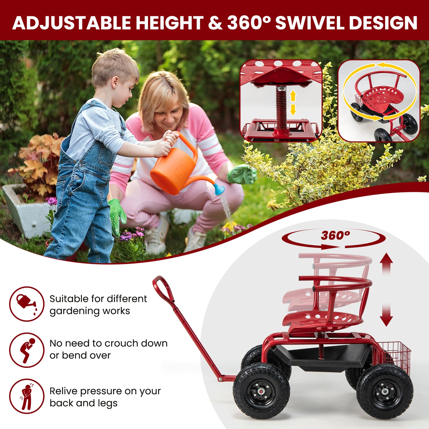 Cushioned Rolling Garden Cart Scooter with Storage Basket and Tool Pouch-Black & Red