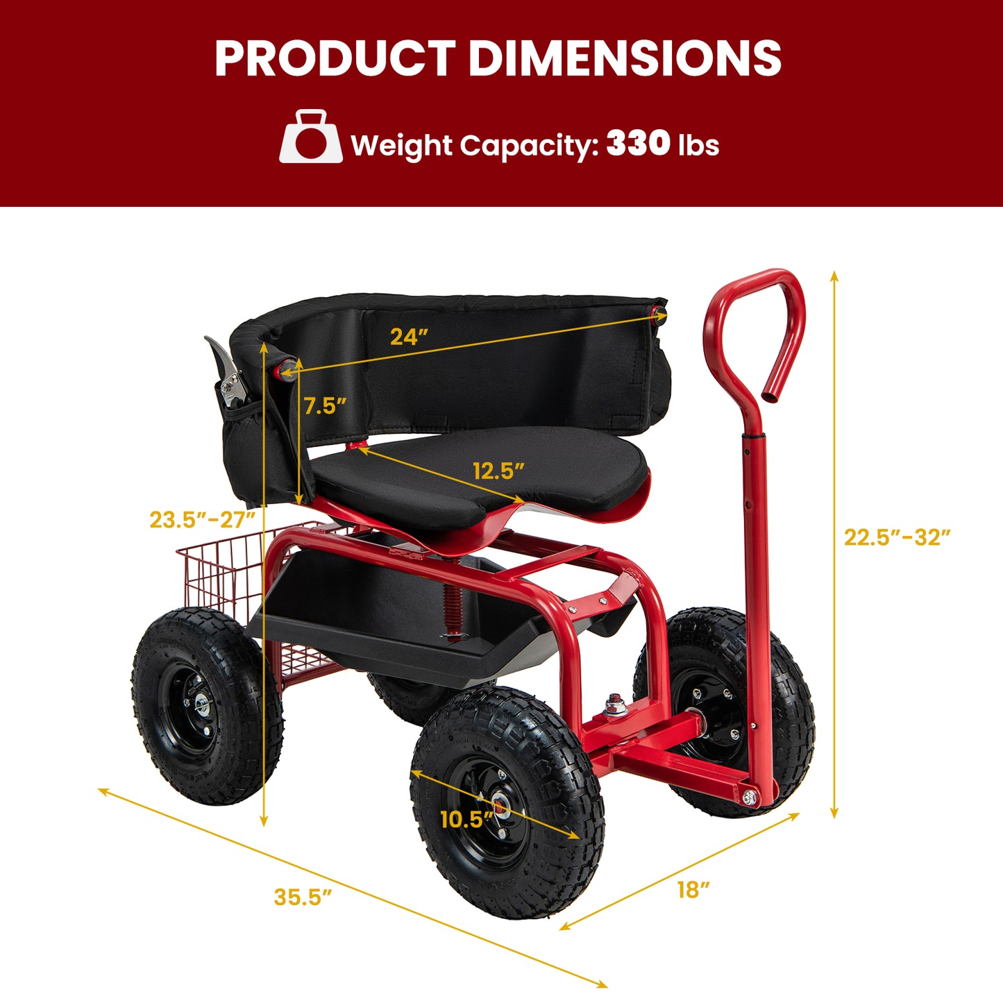 Cushioned Rolling Garden Cart Scooter with Storage Basket and Tool Pouch-Black & Red