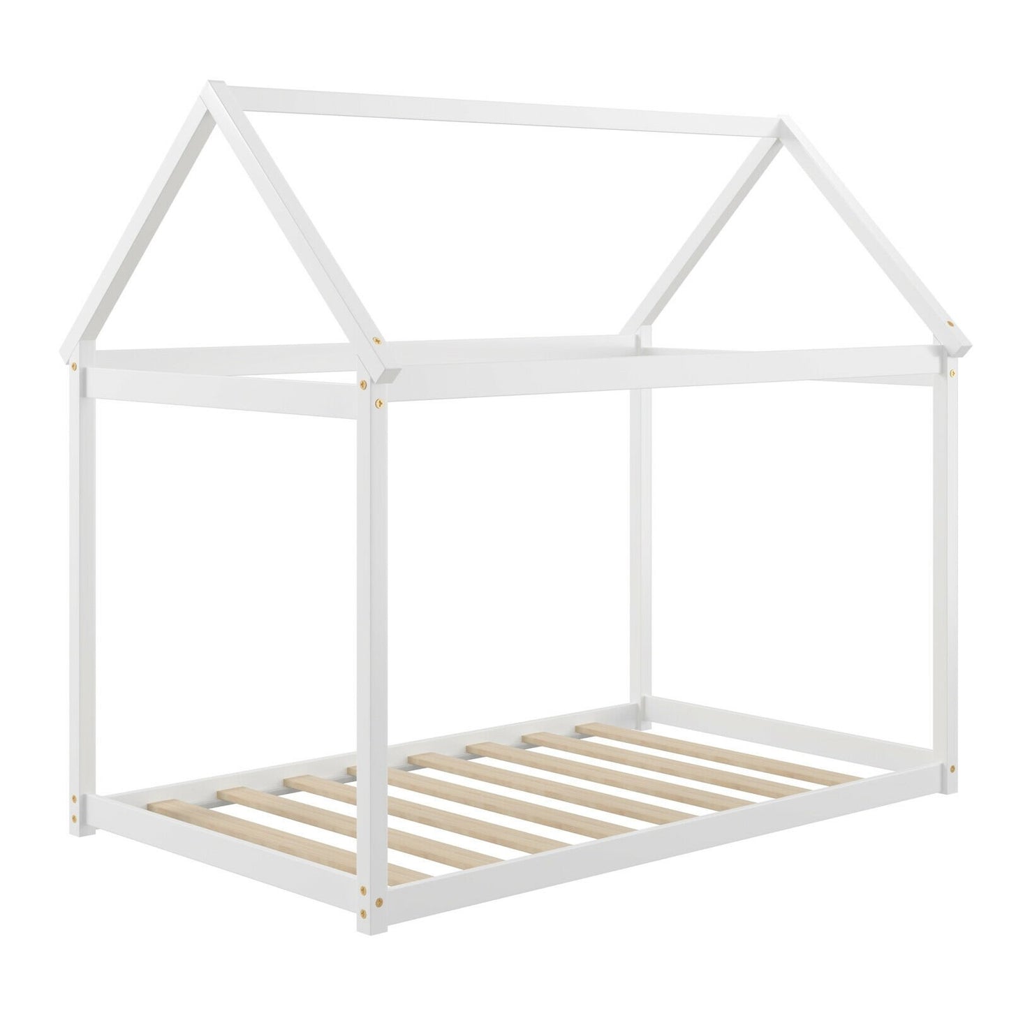 Stable Kids Platform Floor Bed with Roof and Heavy-Duty Slats-Espresso