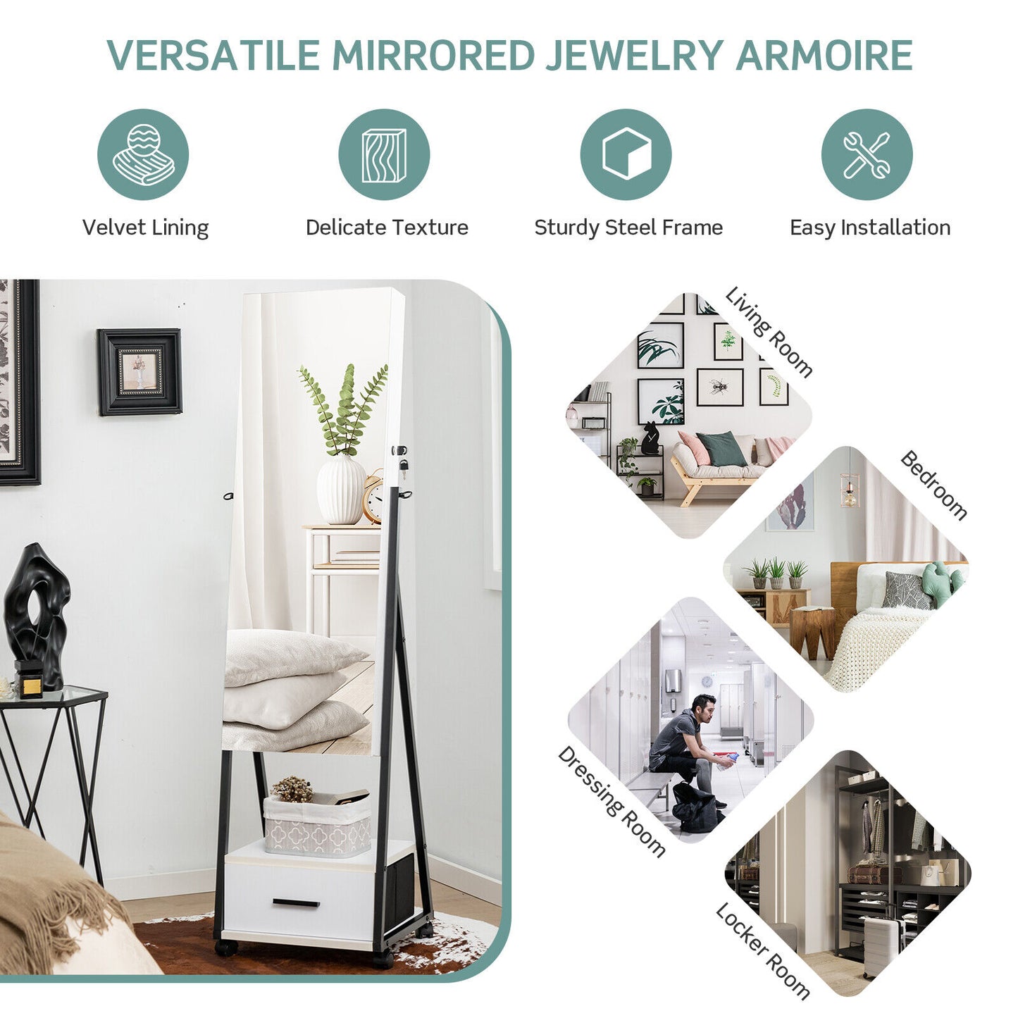 Jewelry Cabinet with Full-Length Mirror-White