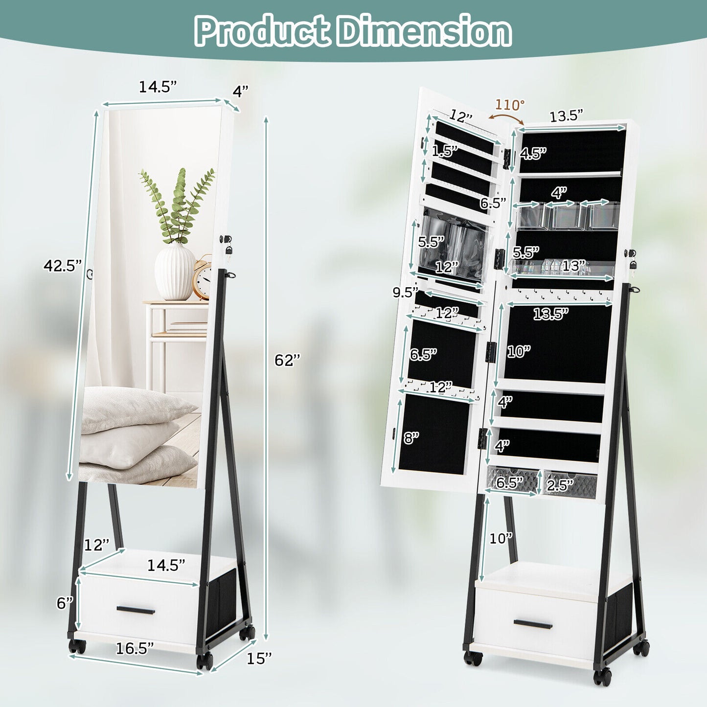Jewelry Cabinet with Full-Length Mirror-White