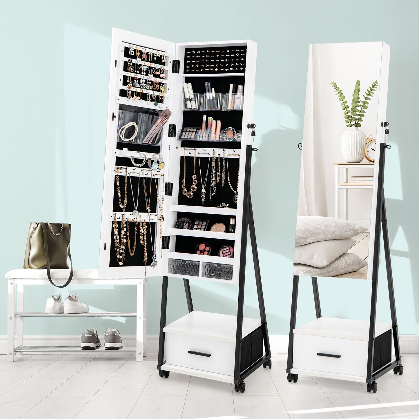 Jewelry Cabinet with Full-Length Mirror-White