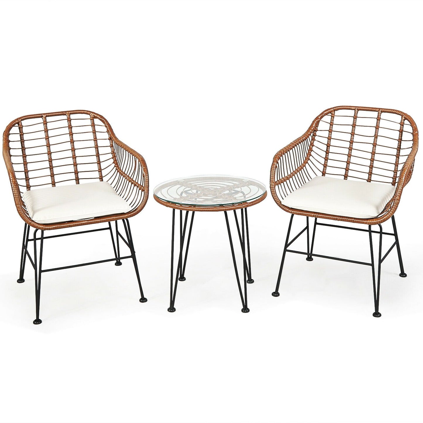 3 Pieces Patio Rattan Bistro Set with Cushion-Black