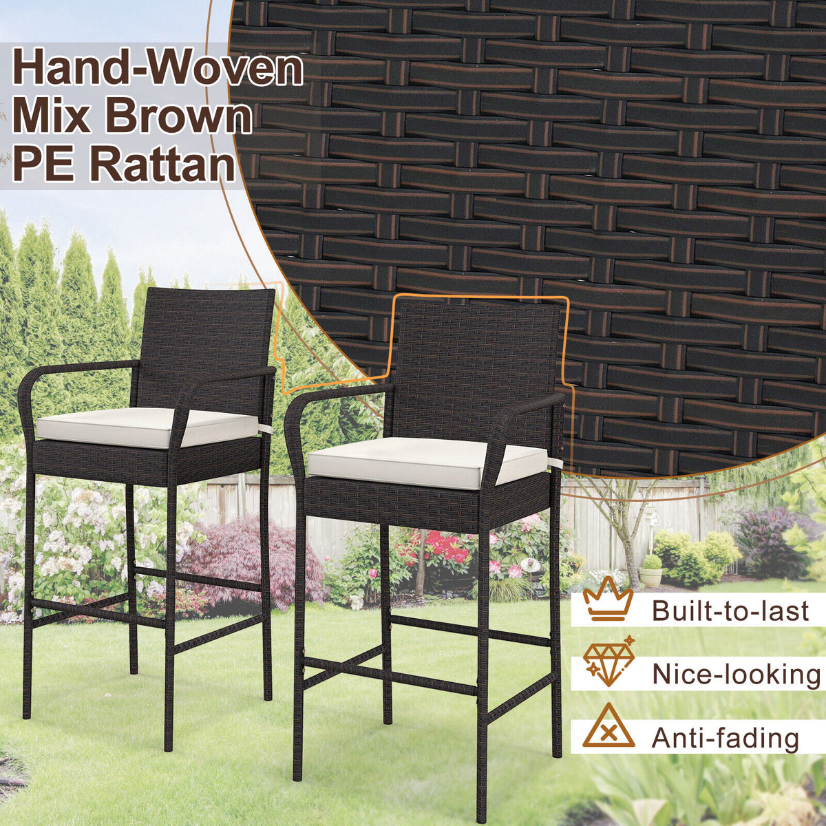 Set of four outdoor PE rattan barstools with cushions and armrests, perfect for patio bar furniture.