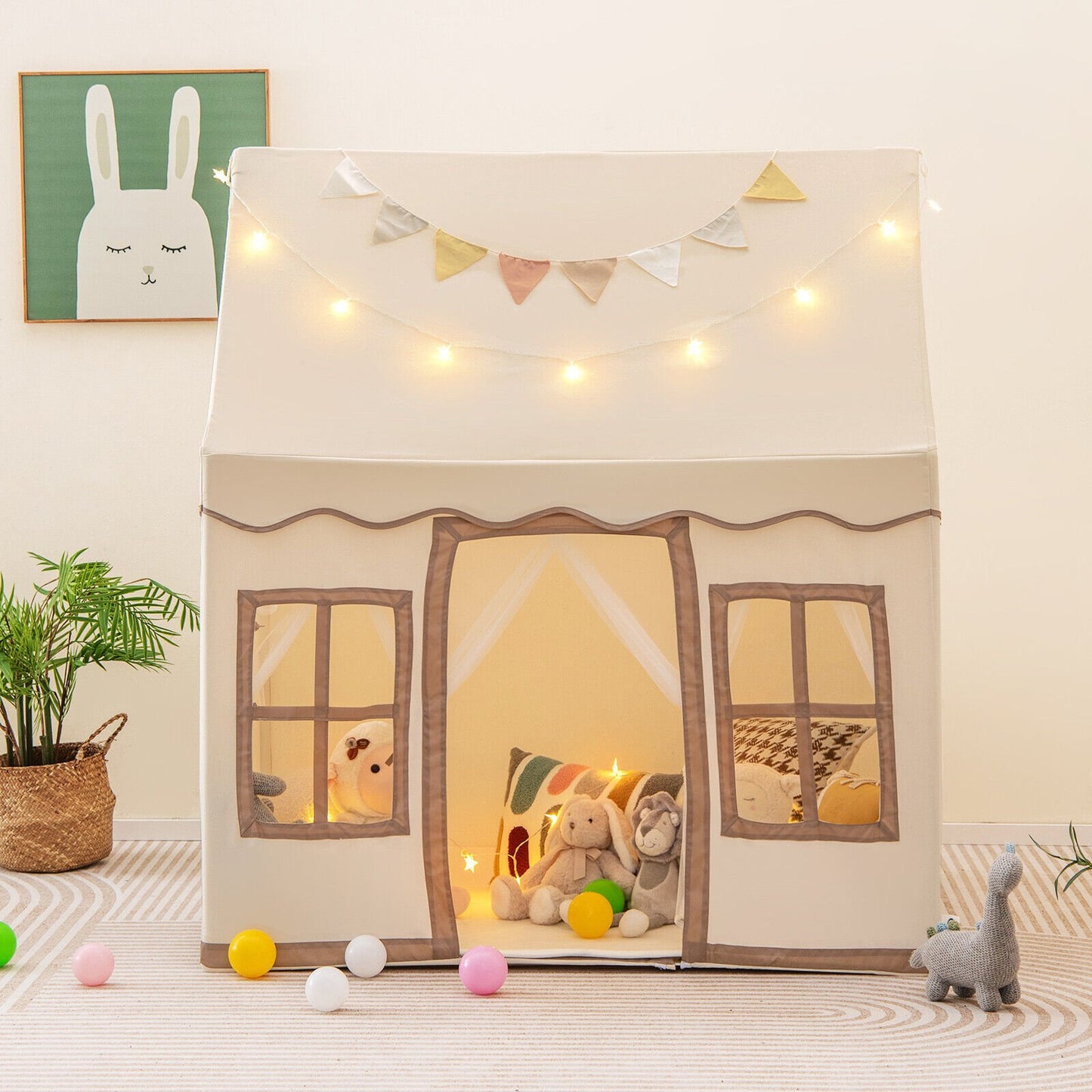 Toddler Large Playhouse with Star String Lights-Beige