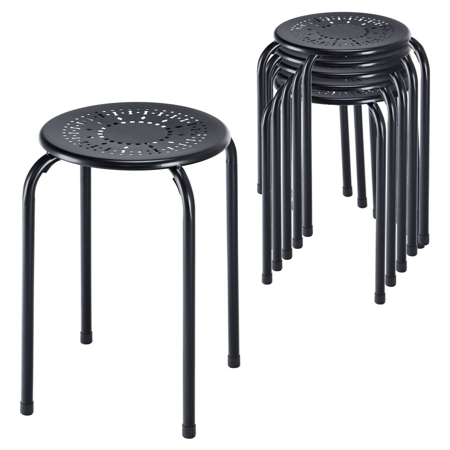 Set of 6 Stackable Daisy Backless Round Metal Stool Set-Black & Pink