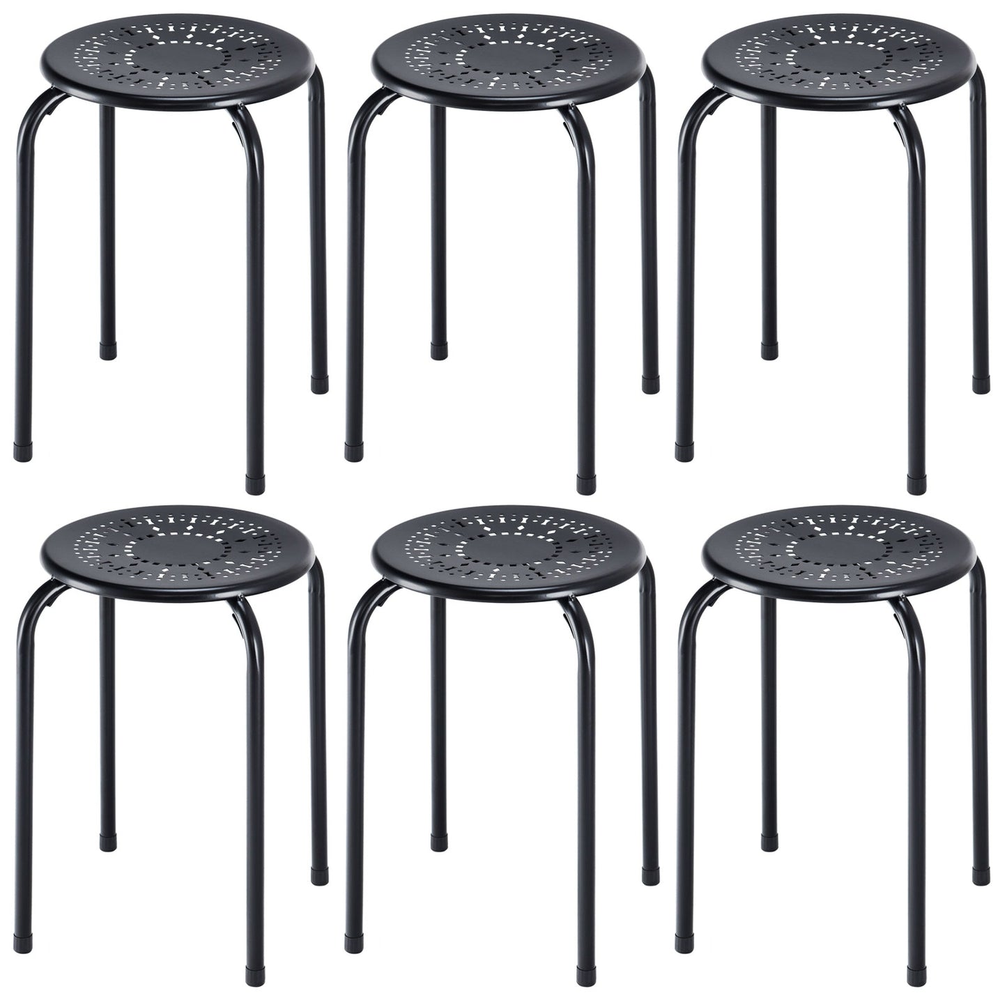 Set of 6 Stackable Daisy Backless Round Metal Stool Set-Black & Pink