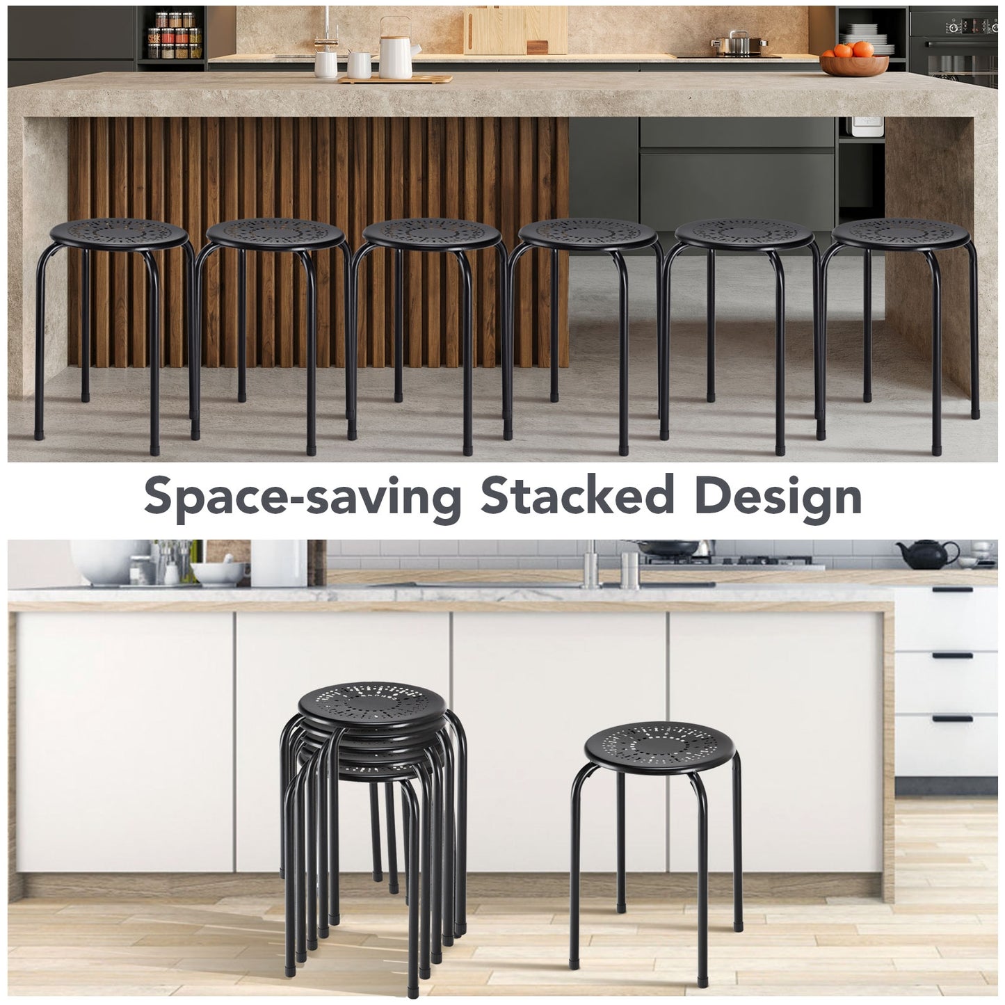 Set of 6 Stackable Daisy Backless Round Metal Stool Set-Black & Pink