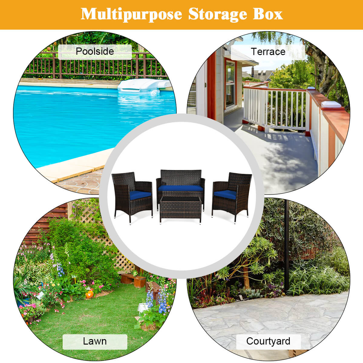 4 Pieces Rattan Sofa Set with Glass Table and Comfortable Wicker for Outdoor Patio-Navy