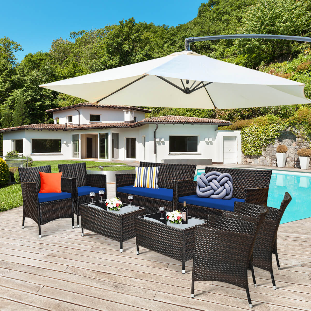 4 Pieces Rattan Sofa Set with Glass Table and Comfortable Wicker for Outdoor Patio-Navy