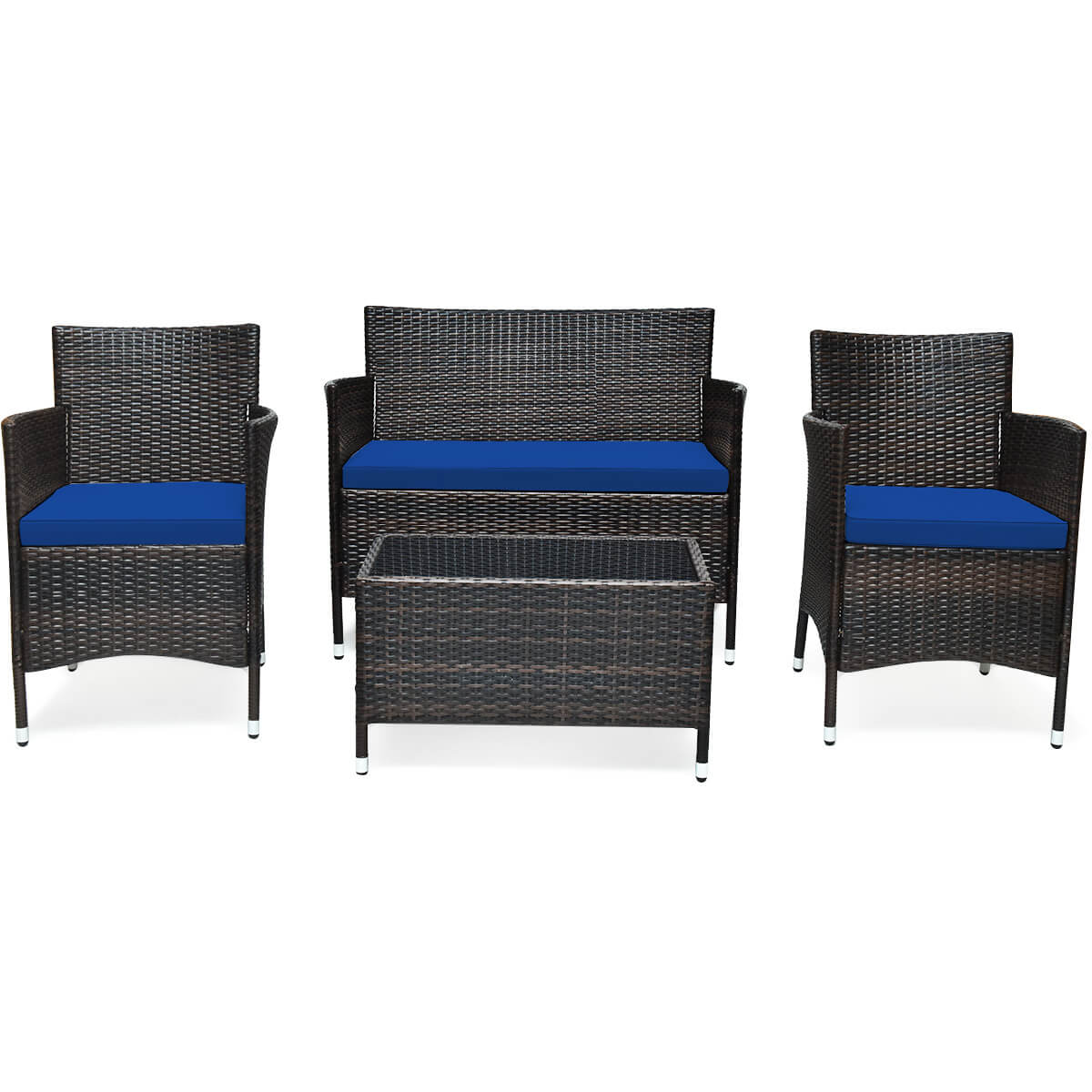 4 Pieces Rattan Sofa Set with Glass Table and Comfortable Wicker for Outdoor Patio-Navy