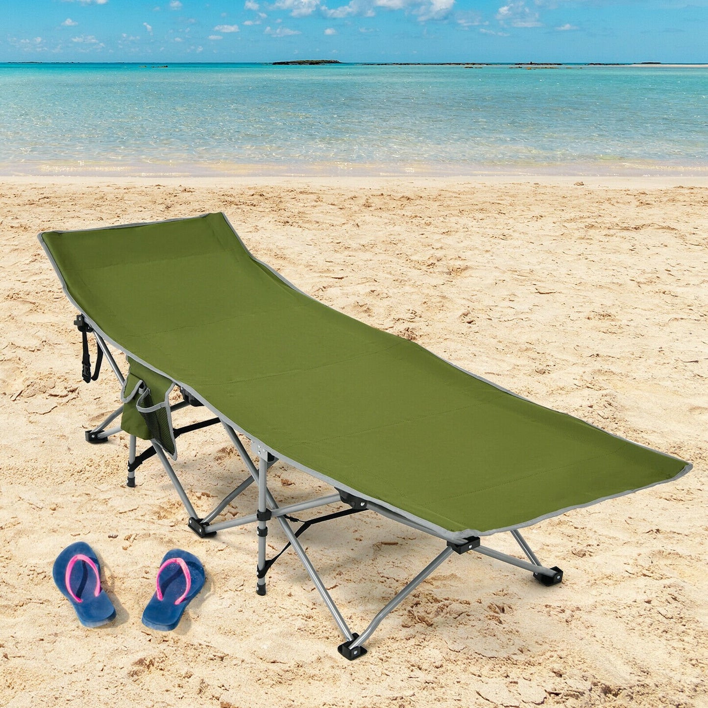 Folding Camping Cot with Side Storage Pocket Detachable Headrest-Blue