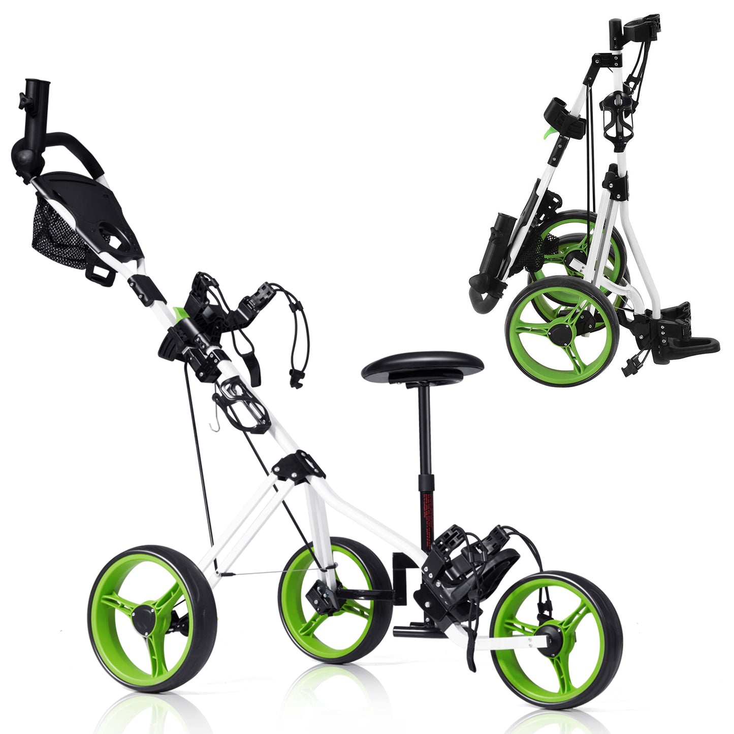 Foldable 3 Wheels Push Pull Golf Trolley with Scoreboard Bag-Green